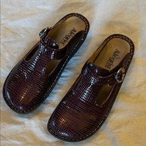 Alegria Maroon Croc-Patterned Slip-Ons